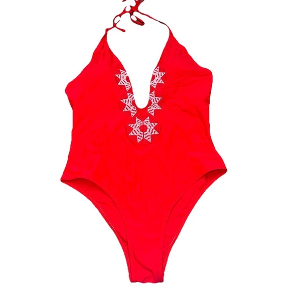 Cupshe Other - Cupshe Onepiece Large Bathing Swim Suit‎ Red Embroidered Plunging Neck Swimwear